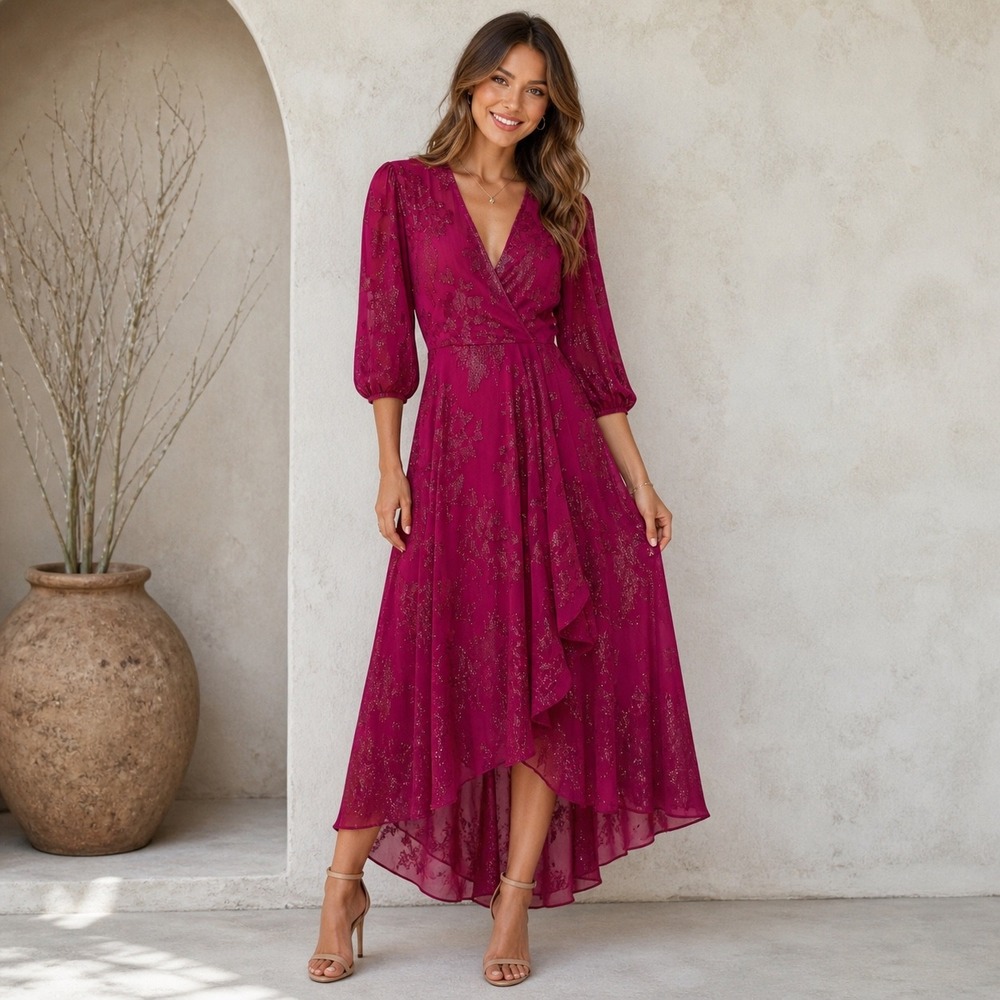Calvin Klein‎ Magenta Floral Midi Wedding Guest Metallic Romantic Cottagecore  4